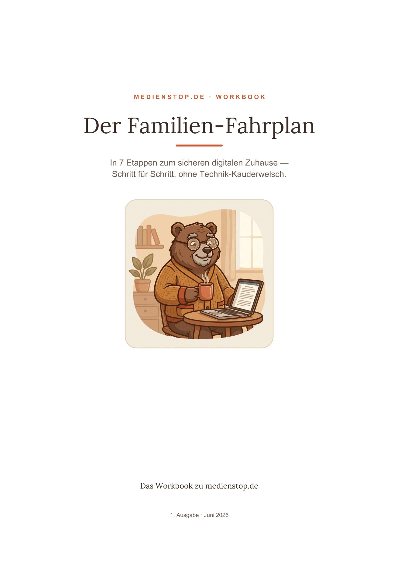 Der MedienStop Familien-Fahrplan 2 Titelseite des Familien-Fahrplan-Workbooks von MedienStop mit dem MedienStop-Bär