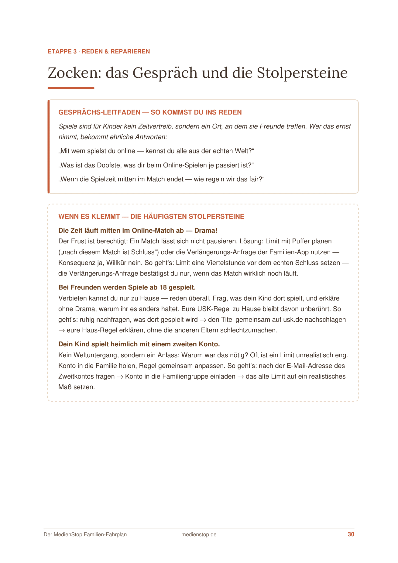 Der MedienStop Familien-Fahrplan 3 Leseprobe-Seite aus dem Familien-Fahrplan-Workbook von MedienStop: Zocken – das Gespräch und die Stolpersteine