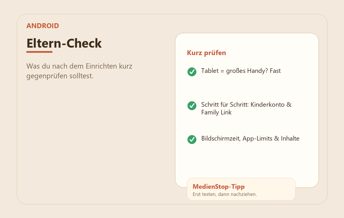 Android-Tablet kindersicher einrichten: Family Link auf Samsung & Co. 3 MedienStop-Praxisbild zu Android-Tablet kindersicher einrichten: Family Link auf Samsung & Co.: elterncheck