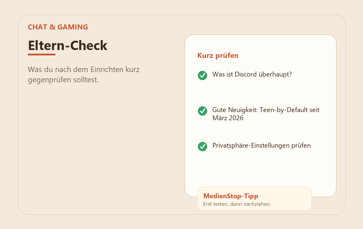 Discord kindersicher einrichten – was Eltern 2026 wissen müssen 3 MedienStop-Praxisbild zu Discord kindersicher einrichten – was Eltern 2026 wissen müssen: elterncheck