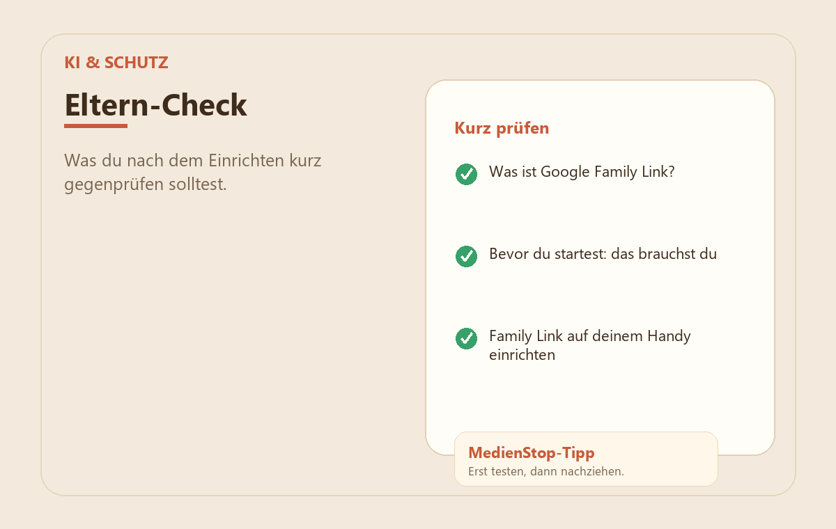 Google Family Link einrichten – so verwaltest du als Elternteil die Geräte deiner Kinder 3 MedienStop-Praxisbild zu Google Family Link einrichten – so verwaltest du als Elternteil die Geräte deiner Kinder: elterncheck