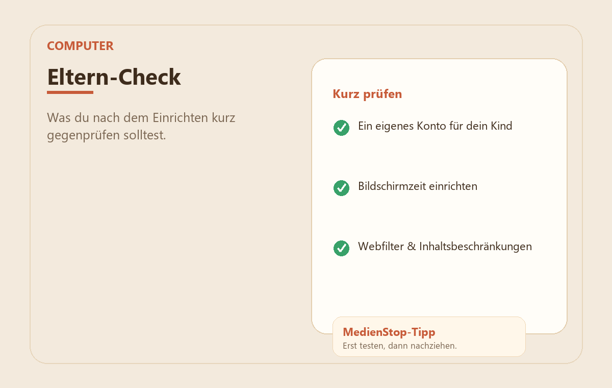 Mac kindersicher einrichten: Bildschirmzeit, Konten & Webfilter 3 MedienStop-Praxisbild zu Mac kindersicher einrichten: Bildschirmzeit, Konten & Webfilter: elterncheck