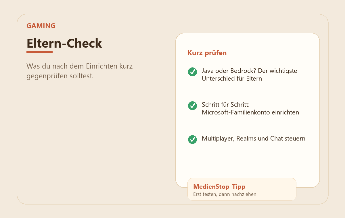 Minecraft Kindersicherung: so spielt dein Kind sicher online 3 MedienStop-Praxisbild zu Minecraft Kindersicherung: so spielt dein Kind sicher online: elterncheck