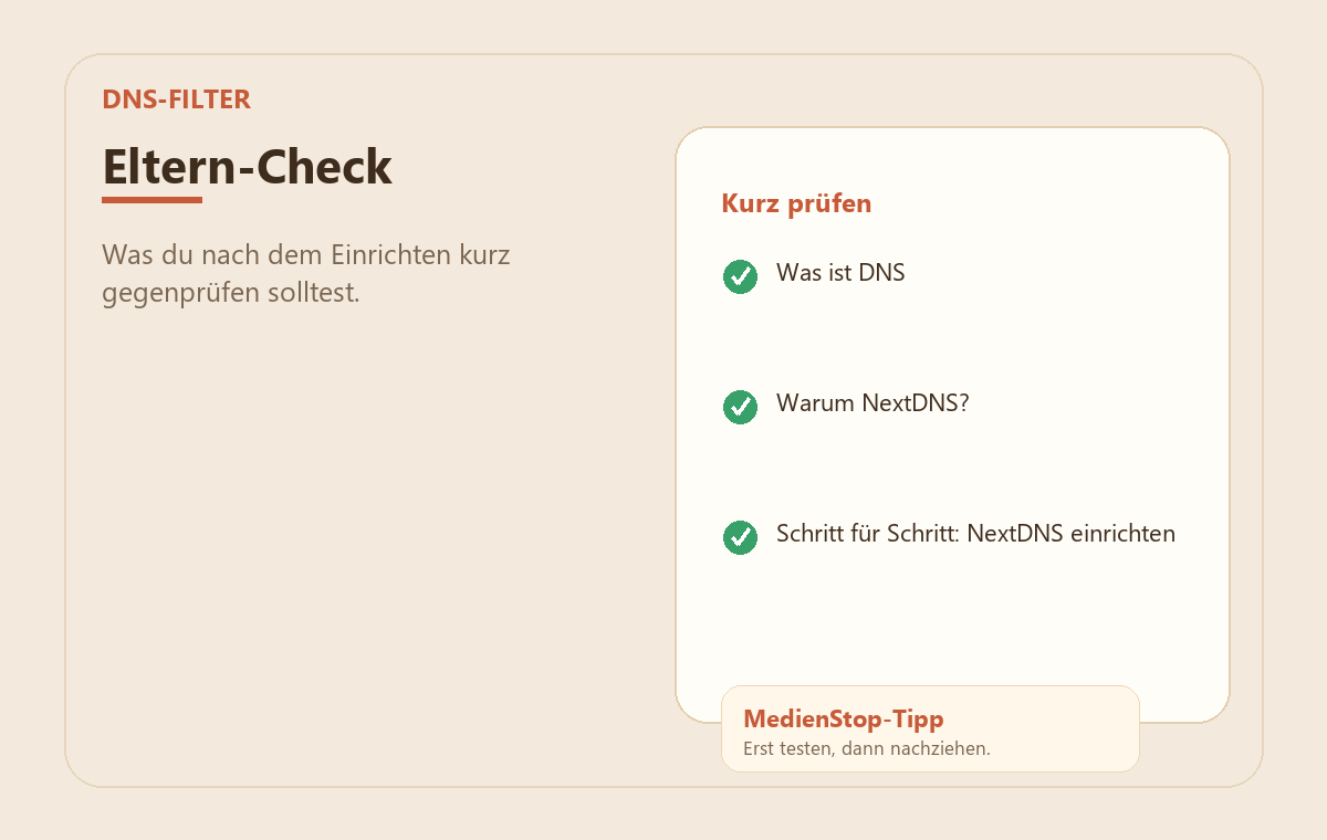 Kinderschutz per DNS: NextDNS für die ganze Familie einrichten 3 MedienStop-Praxisbild zu Kinderschutz per DNS: NextDNS für die ganze Familie einrichten: elterncheck