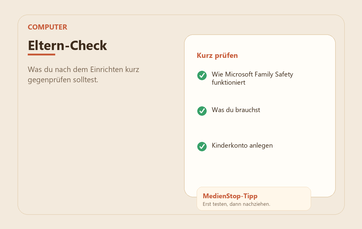 Windows kindersicher einrichten – Microsoft Family Safety erklärt 3 MedienStop-Praxisbild zu Windows kindersicher einrichten – Microsoft Family Safety erklärt: elterncheck